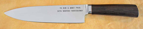 8 inch Chef's Knife with Dendritic Cobalt Blade and Laser Etched Inscription.