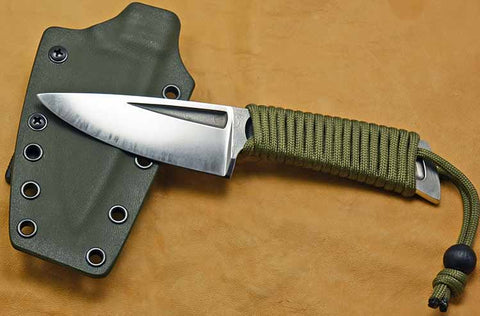 Boye Basic 3 Cobalt with Green Cord-Wrapped Handle, Olive Drab Kydex Sheath & Tek Lok.