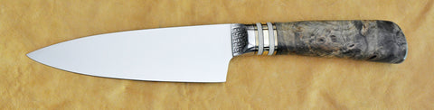 6 inch Chef's Knife with Original Dendritic Cobalt Blade, Cast Dendritic Pattern, and Buckeye Burl Handle.