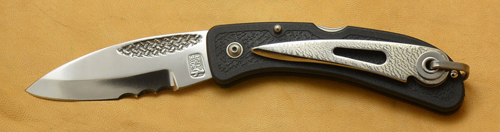 Boye Cobalt Basketweave Lockback Folding Pocket Knife with Serrations, Black Handle and Marlin Spike.