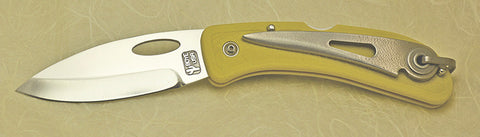 Boye Cobalt Open Thumb Hole Lockback Folding Pocket Knife with Yellow Handle & Marlin Spike.