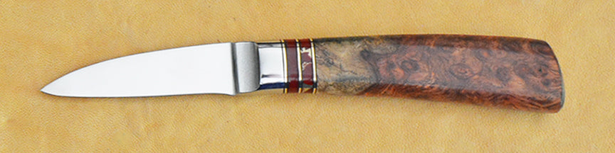 2.5 inch Persona Paring Knife with Dendritic Cobalt Blade and Amboyna Burl Handle.