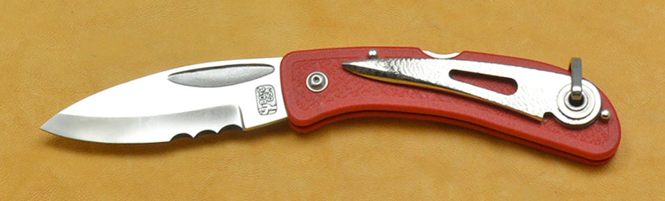 Boye Cobalt Prophet Lockback Folding Pocket Knife with Red Handle, Serrations, and Marlin Spike.