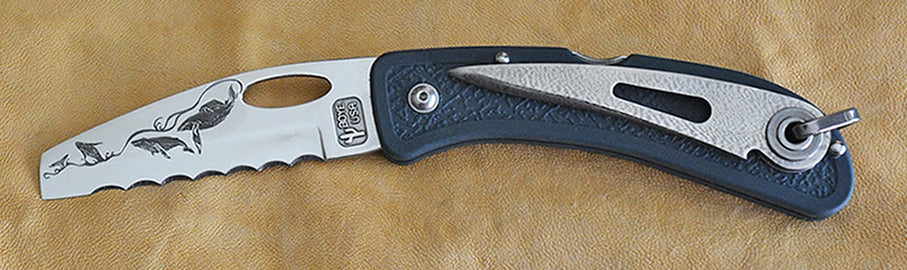 Boye Cobalt Sheepsfoot Lockback Folding Pocket Knife with "String of Whales" Laser Engraving, Marlin Spike & Blue Handle.