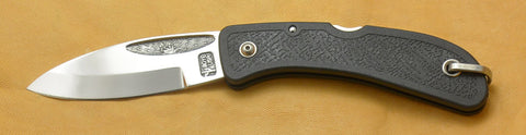 Boye Cobalt Sunburst Lockback Folding Knife with Black Zytel Handle.