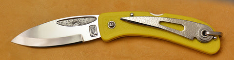 Boye Cobalt Sunburst Lockback Folding Pocket Knife with Yellow Handle and Marlin Spike.