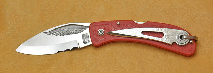 Boye Cobalt Eagle Wing Lockback Folding Pocket Knife with Red Handle, Serrations, and Marlin Spike.