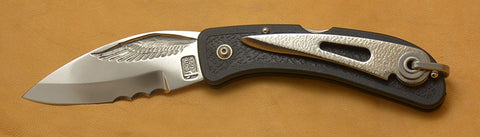 Boye Cobalt Eagle Wing Lockback Folding Pocket Knife with Black Handle, Marlin Spike & Serrations.