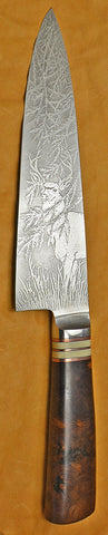 8 inch Chef's Knife with 'Mule Deer at the Edge of the Redwoods' Etching.