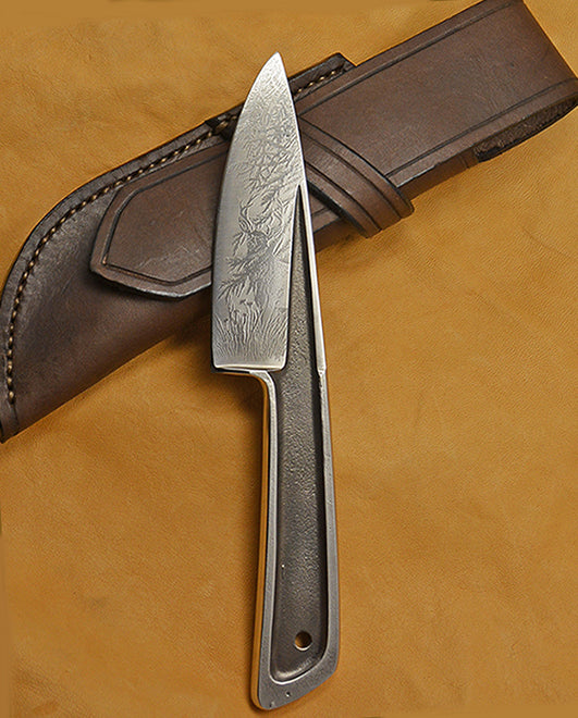 Boye Basic 3 with 'Mule Deer at the Edge of the Redwoods' Etching and Leather Sheath.