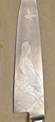 8 inch Chef's Knife with '3 Pelicans' Etching.