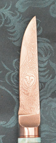 3 inch Paring Knife with 'Baby Barn Owl' Etching and Desert Ironwood Burl Handle.