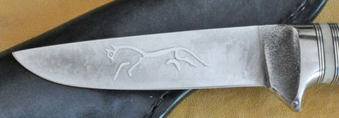 4 inch Dropped Point Hunter with 'Celtic Horse' Etching and Buckeye Burl Handle.