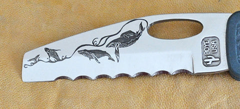 Boye Cobalt Sheepsfoot Lockback Folding Pocket Knife with "String of Whales" Laser Engraving, Marlin Spike & Blue Handle.