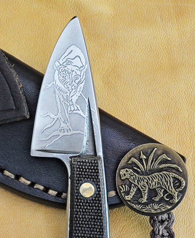 Boye Basic 1 with 'Cougar' Etching, Micarta Handle, Antique Stamped Brass Tiger Lanyard, and Leather Sheath.