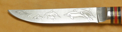 4.5 inch Kitchen Utility Knife with 'Dolphins' Etching with Amboyna Burl Handle.