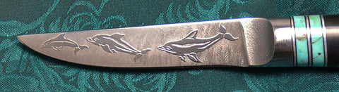 3 inch Paring Knife with 'Dolphins' Etching  & African Blackwood Handle.