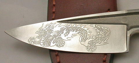 Boye Basic 3 with 'Dragon' Etching and Leather Sheath.