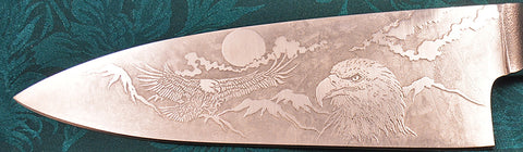 6 inch Chef's Knife with 'Eagles' Etching and Buckeye Burl Handle.