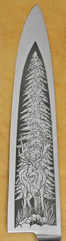 10 inch Cobalt Chef's Knife with 'Wapiti Elk' Laser Engravings and Jade/Turquoise Handle.
