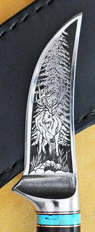 3 inch Trailing Point Skinner with Dendritic Cobalt Blade, Laser Engraved Elk and Inscription & Cocobolo Handle.