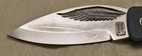 Boye Eagle Wing Lockback Folding Pocket Knife with 'Feather' Etching and Blue Handle.