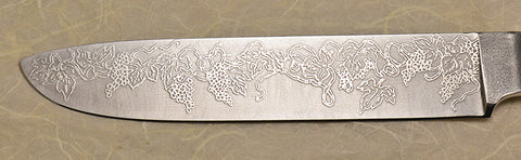 6.5 inch Sandwich Knife with 'Grapevine' Etching and Amboyna Burl Handle.
