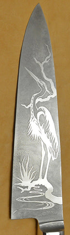 8 inch Chef's Knife with 'Heron' Etching and African Blackwood Handle.