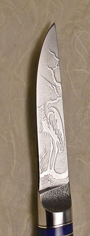 3 inch Paring Knife with 'Heron' Etching and Buckeye Burl Handle - 3.