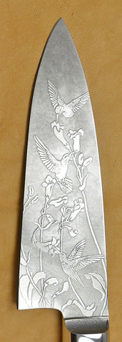 6 inch Chef's Knife with '3 Hummingbirds' Etching and Amboyna Burl Handle.