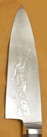 6 inch Chef's Knife with 'Lady Justice' Etching and Desert Ironwood Handle.