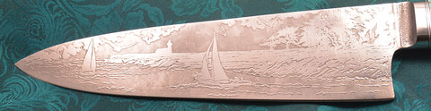 8 inch Chef's Knife with 'Lighthouse with Sailboats' Etching, Amboyna Burl Handle.