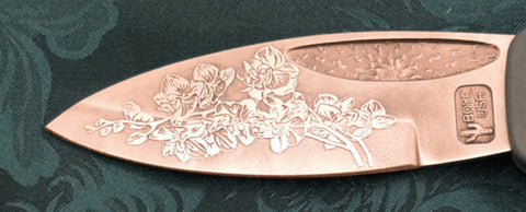 Boye Sunburst Lockback Folding Pocket Knife with 'Orchid' Etching and Blue Handle.