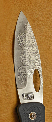 Boye Open Thumb Hole Lockback Folding Pocket Knife with 'Pelican' Etching and Blue Zytel Handle.