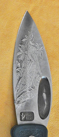 Boye Blue Whale Lockback Folding Pocket Knife with 'Pelican' Etching and Blue Handle.
