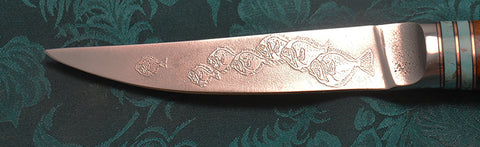 4.5 inch Kitchen Utility/Filet Knife with 'School of Fish' Etching and Amboyna Burl Handle.