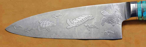 6 inch Chef's Knife with 'Sea Turtles' Etching and Buckeye Burl Handle.