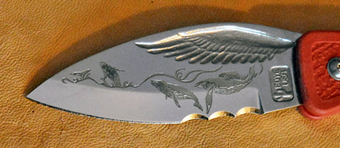 Boye Cobalt Eagle's Wing Lockback Folding Pocket Knife with "String of Whales" Laser Engraving, Marlin Spike & Red Handle.