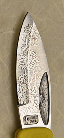 Boye Sunburst Lockback Folding Pocket Knife with 'Sunflower' Etching, Yellow Handle, and Marlin Spike.