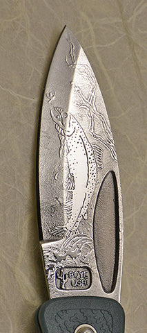 Boye Prophet Lockback Folding Pocket Knife with "Trout" Etching and Blue Zytel Handle with Marlin Spike.