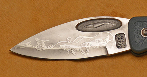 Boye Blue Whale Lockback Folding Pocket Knife with 'String of Whales' Etching.