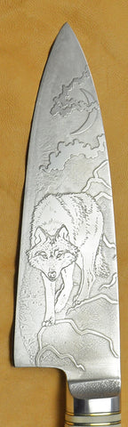 6 inch Chef's Knife with 'Wolf' Etching and Desert Ironwood Handle.