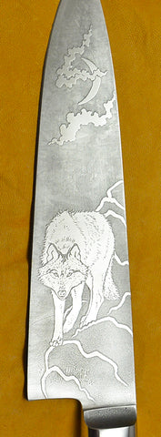 8 inch Chef's Knife with 'Wolf' Etching and Blue Tiger Maple Handle.