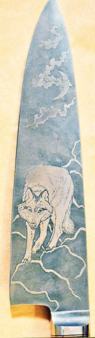8 inch Chef's Knife with 'Wolf' Etching and Exhibition Ironwood Handle.