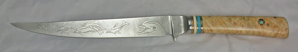 8 inch Filet Knife with 'Dolphins' Etching.