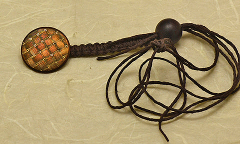 Brown Waxed Hemp Macrame Lanyard with Early 19th Century Double Gilt Copper Button with Basketweave Pattern.