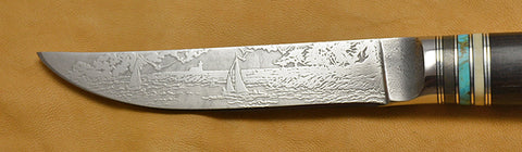 4.5 inch Kitchen Utility Knife with 'Lighthouse and Sailboats' Etching and African Blackwood Handle.