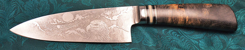 6 inch Chef's Knife with 'Eagles' Etching and Buckeye Burl Handle.