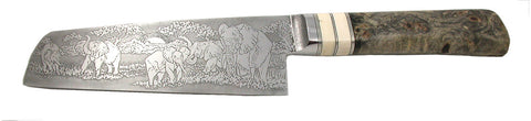 6 inch Chopper with 'Elephants' Etching and Buckeye Burl Handle - 3.
