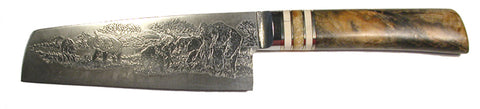 6 inch Chopper with 'Elephants' Etching and Buckeye Burl Handle - 2.